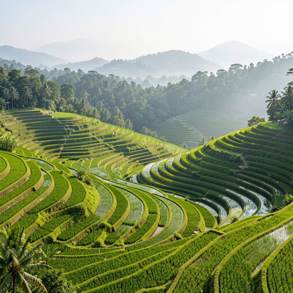 Elevated panoramic view of a lush green rice terrace landscape at midday with layers of terraced fields receding into a misty horizon and tropical forest in the background