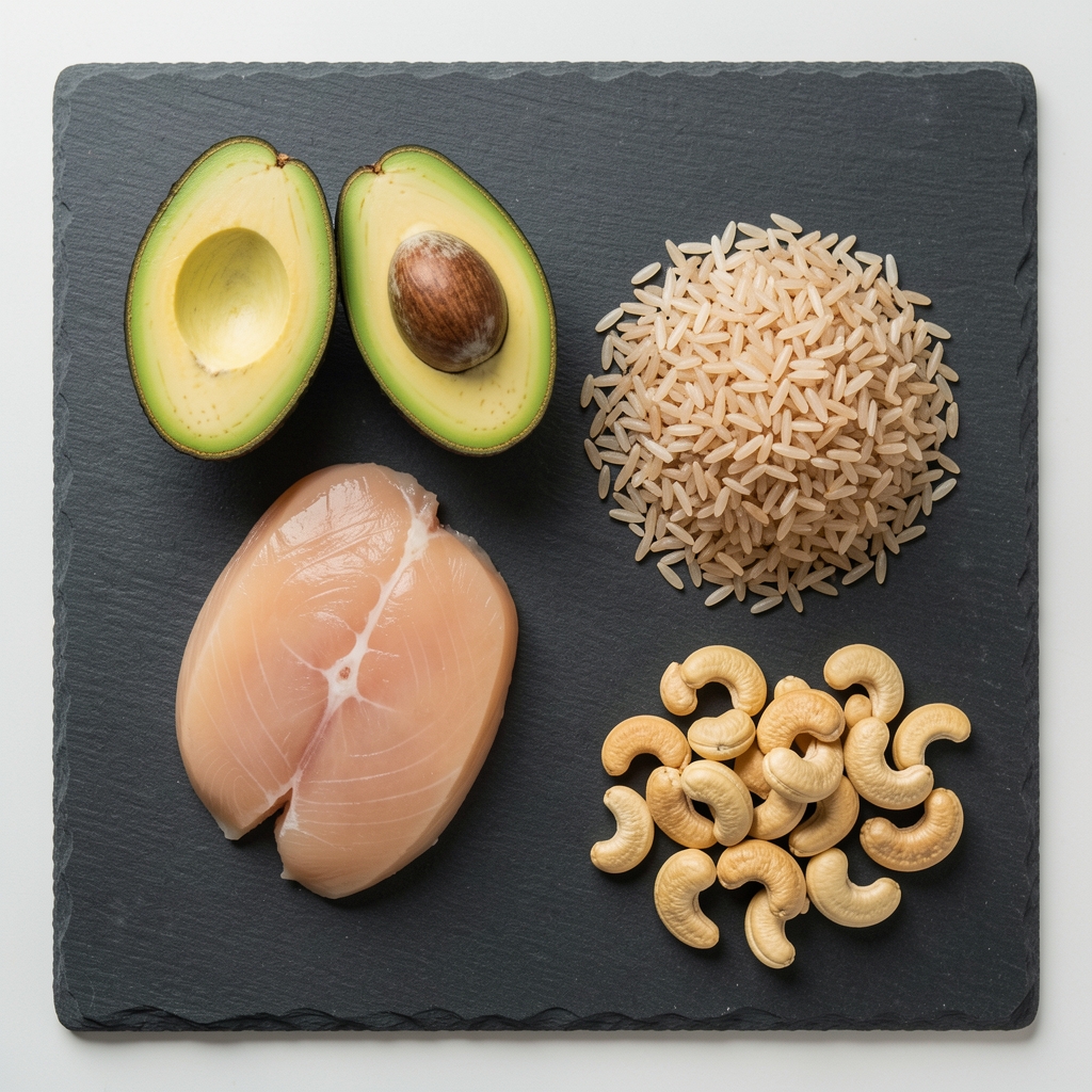 Flat-lay composition of raw macronutrient food sources including a chicken breast, avocado halves, a portion of brown rice, and cashew nuts on a clean slate surface