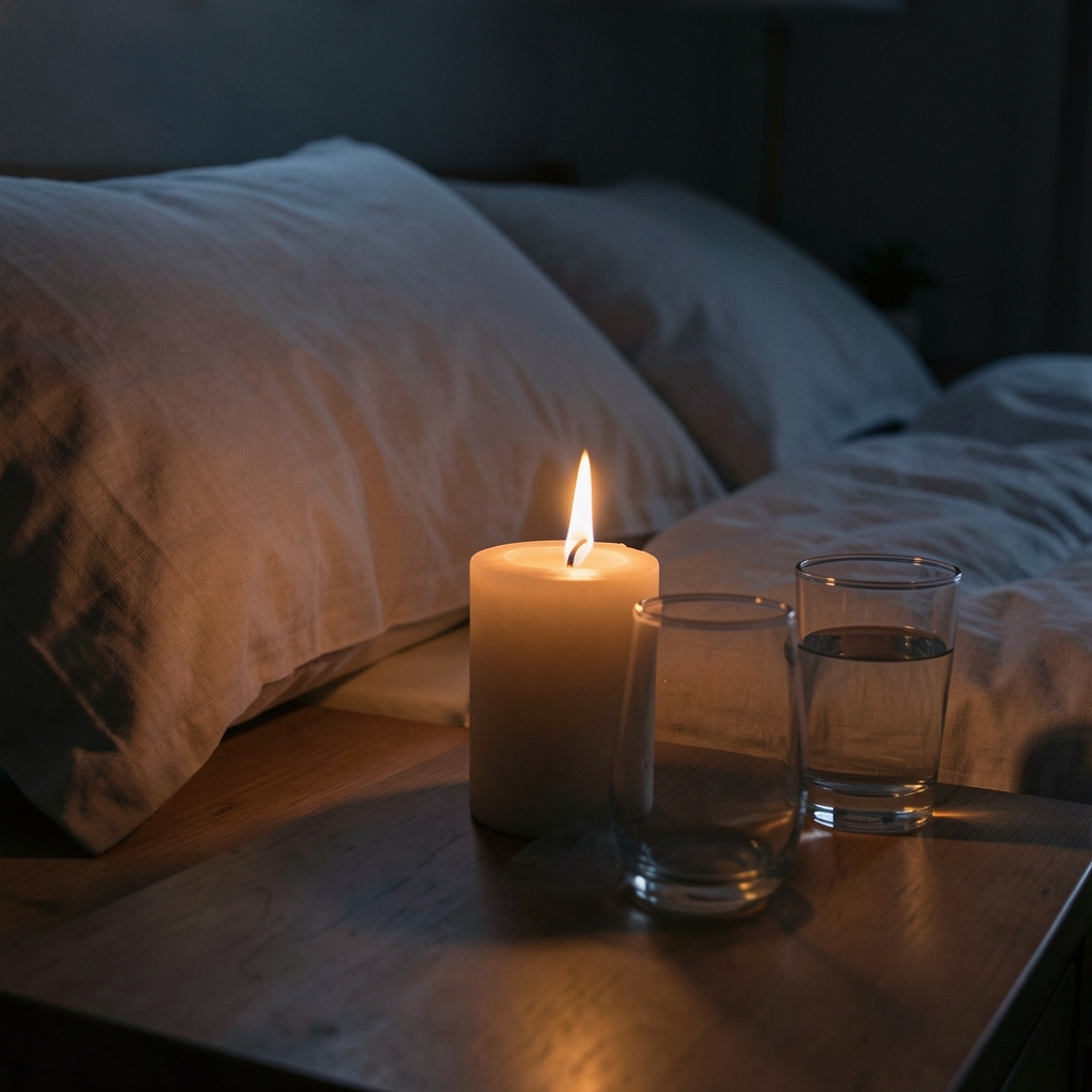 Moody low-light photograph of a single lit candle on a bedside table next to a glass of water, with deep shadows across soft linen bedding creating a restful nighttime atmosphere