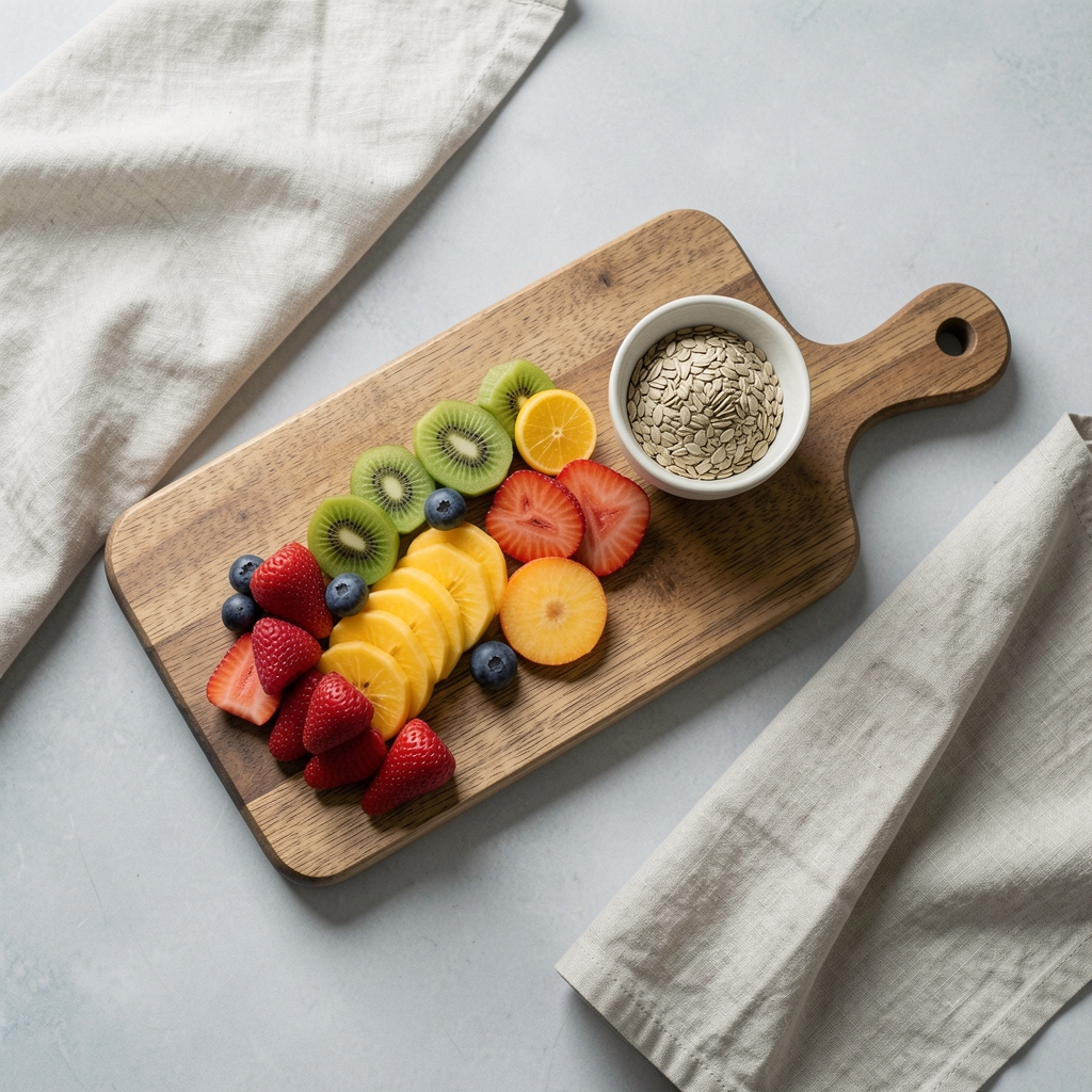 Serene overhead shot of a minimalist breakfast setting with a wooden cutting board, sliced seasonal fruits, a small bowl of seeds, and a linen napkin on a pale grey surface