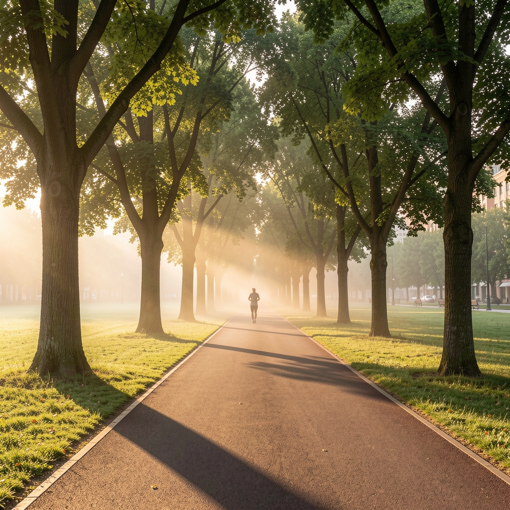 Wide-angle photograph of a clean city park at dawn with long shadows from mature trees, a jogger path, fresh air mist in the background, and soft golden light filtering through leaves
