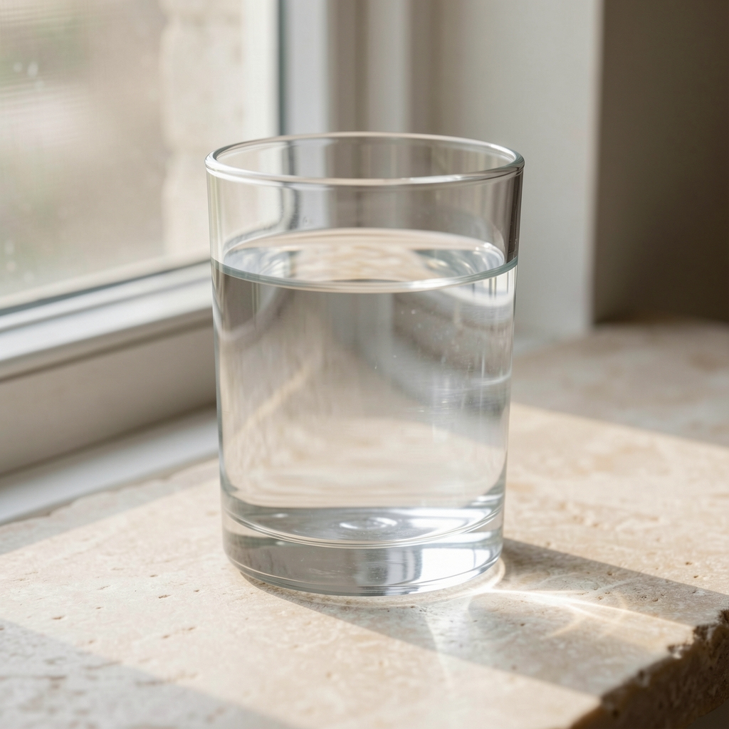 Close-up of a clear glass filled with water placed on a light stone surface near a window, with soft natural daylight refracting through the glass and casting subtle patterns on the surface