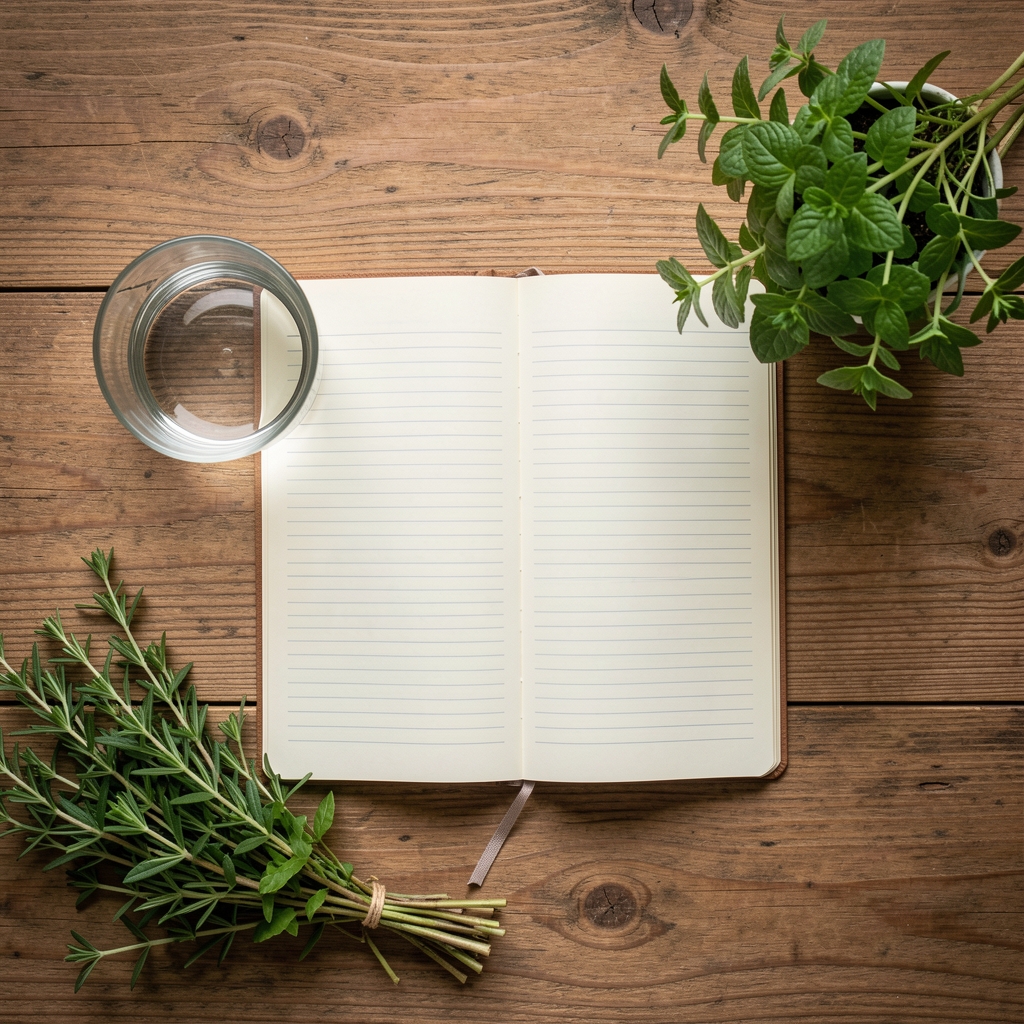 Overhead view of a wooden table with an open notebook, a glass of water, and fresh green herbs arranged in a calm, orderly composition