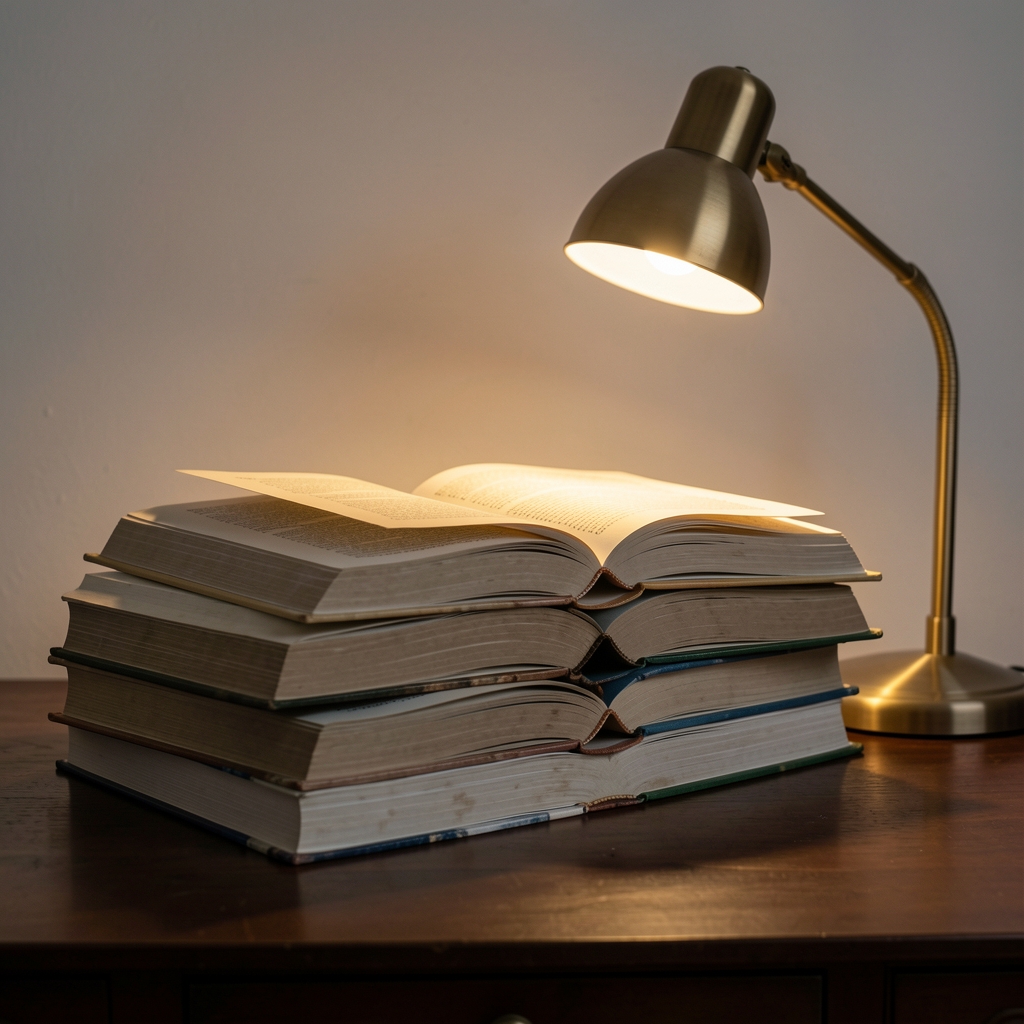 Stack of open reference books on a dark wooden desk with a single warm desk lamp illuminating the pages, creating a scholarly and contemplative atmosphere