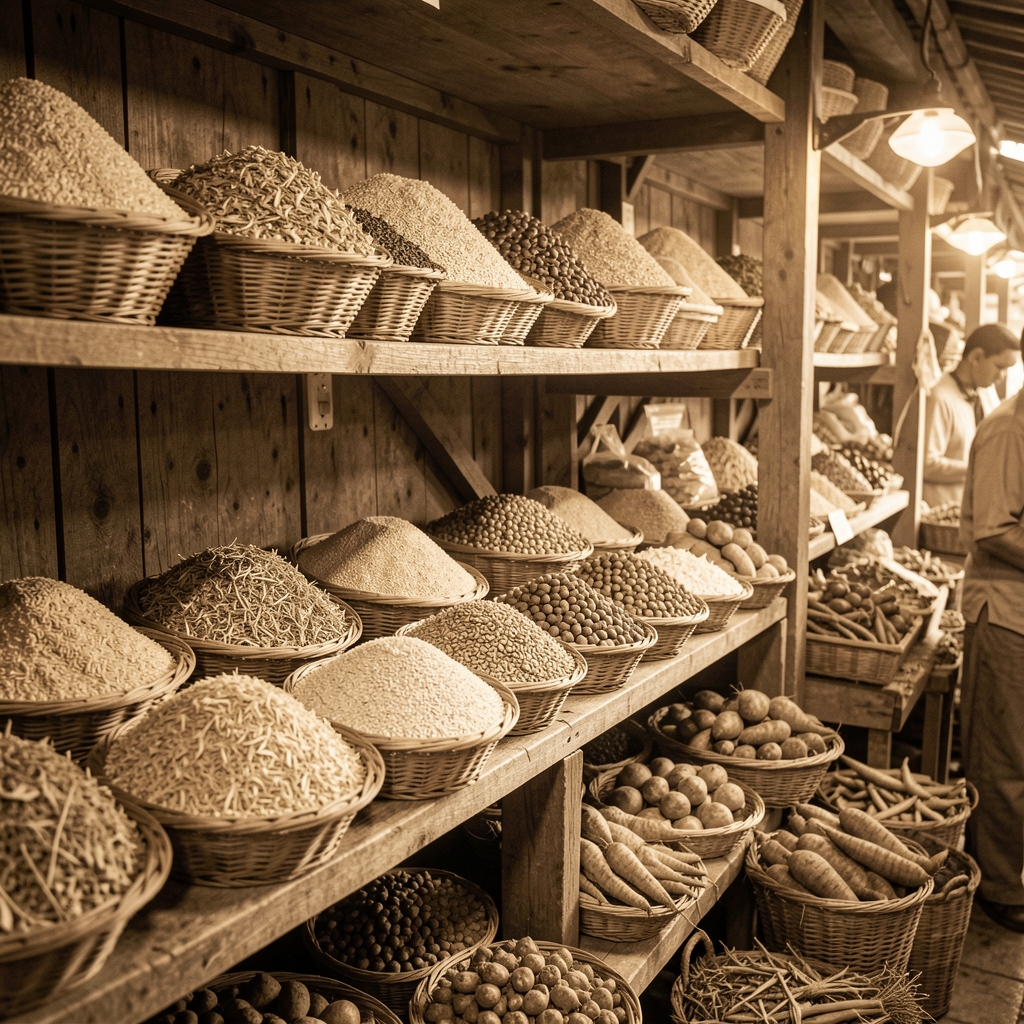 Aged sepia-toned photograph of a traditional market with woven baskets of dried grains, legumes, and root vegetables displayed on wooden shelves in warm ambient light