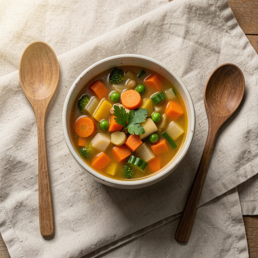 A single ceramic bowl of vibrant vegetable soup with a wooden spoon resting beside it on a linen cloth, photographed from above in soft natural daylight