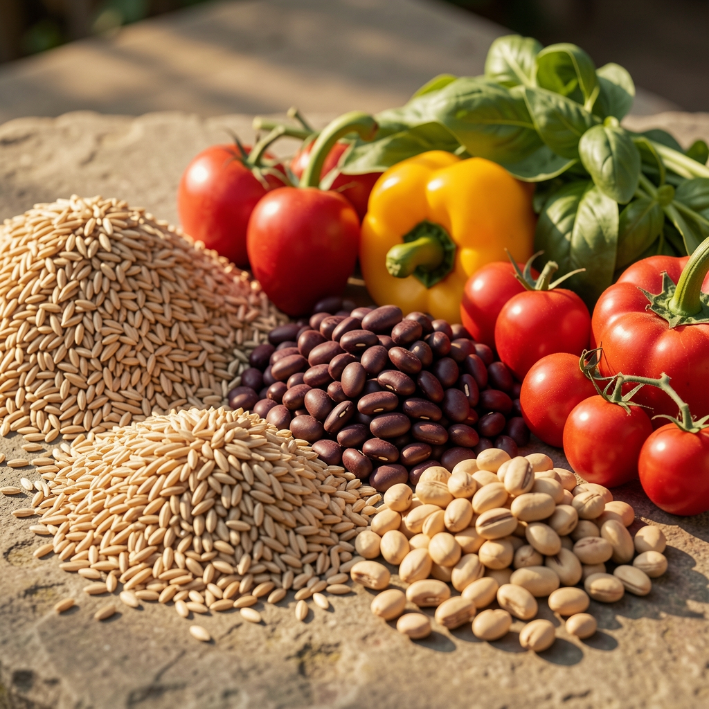 Close-up of a variety of whole natural foods including grains, legumes, and colorful vegetables arranged on a stone surface in warm natural light