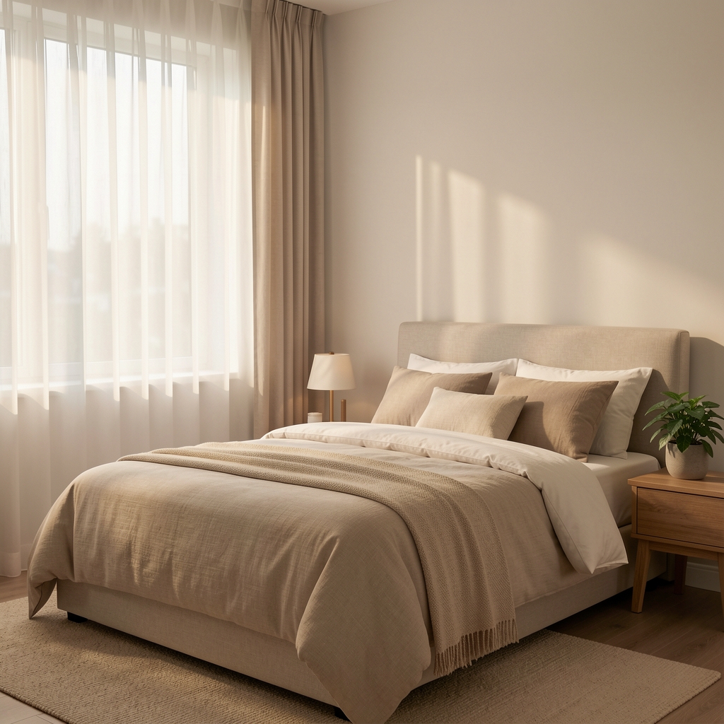 Tranquil bedroom with soft morning light filtering through sheer curtains, a neatly made bed with neutral tones, and a small plant on a wooden nightstand